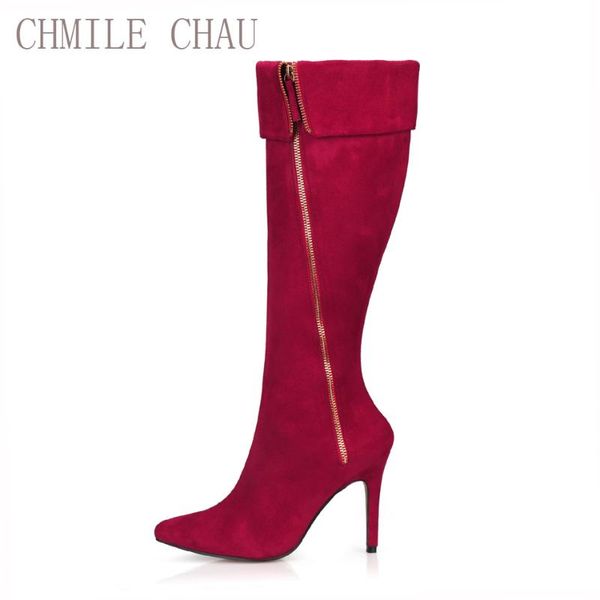 

chmile chau fashion suede party shoe women pointed toe thin high heel zipper lady knee-high boots zapatos mujer 70887bt-d5, Black