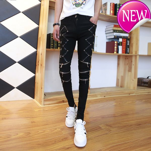 

slim idopy fashion fit pants punk style black patchwork stretchy zippers dance night club gothic button jeans trouser for men, Blue