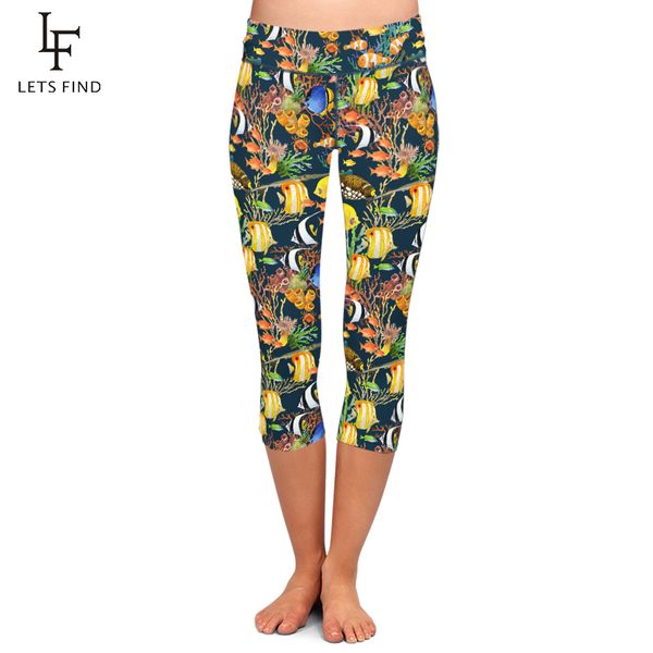 

women's leggings letsfind fashion women animal undersea world print summer capri high waist elastic pants, Black