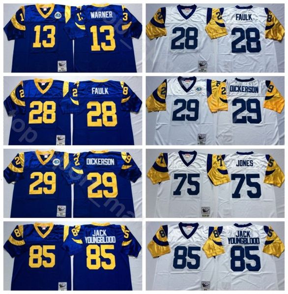 

ncaa football 13 kurt warner 29 eric dickerson 28 marshall faulk jersey 85 jack youngblood 75 deacon jones blue white mans vintage, Black;red