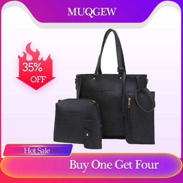 

muqgew 4 pcs pu leather women bags casual handbags vintage shoulder bag large capacity wallet solid color card holder wholesale