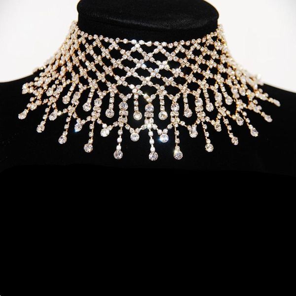 

choker necklace women multi row full crystal wedding party prom christmas long necklace gold rhinestone statement chocker, Golden;silver