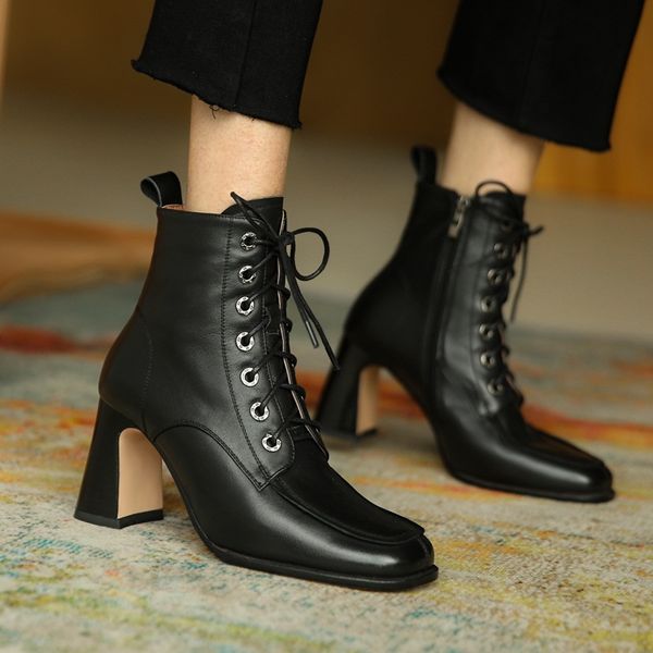 

brand women boots elegant lady autumn winter genuine cow leather shoes woman cross-tied thick high heels zip working short boots, Black