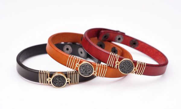 

tennis cool natural black druzy quartz red leather bracelet cuff wristband bangle adjustable snap closure men's women's, Golden;silver