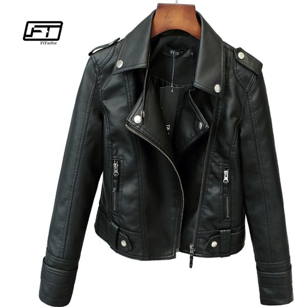 

fitaylor 2020 новая весна осень женщины короткие дизайн поддельный пу куртка тонкий моды punk outwear плюс размер длинные рукава повседневна, Black