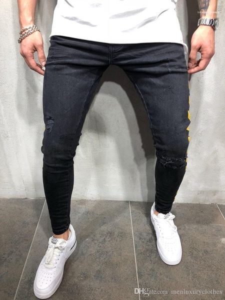 

yellow striped white pencil ripped jeans casual slim fit street jeans men designer jeans fashion black, Blue