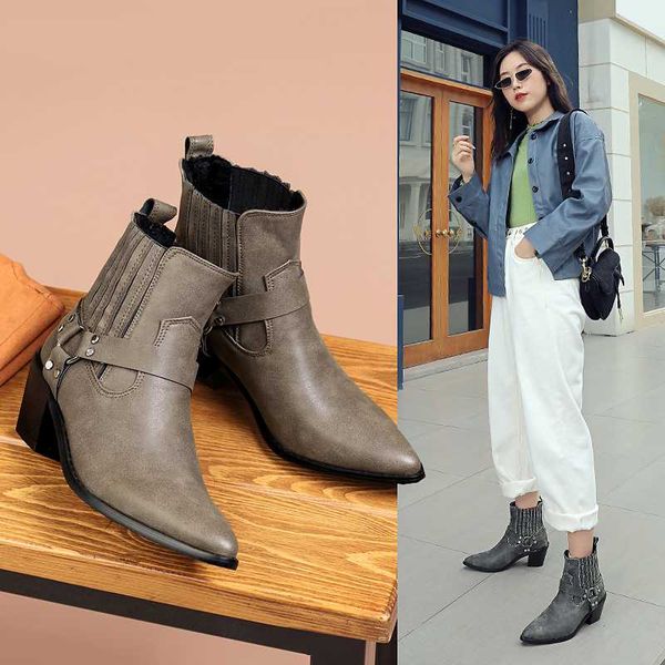 

2020 new autumn ankle boots women pu leather square high heels western boots pointed toe fashion winter short woman shoes, Black