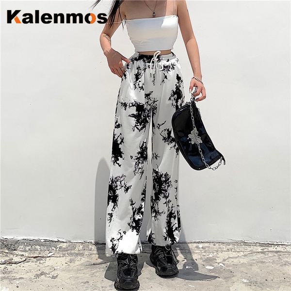 

high waist pants women black white print kalenmos elastic waist hip hop kpop sweatpants casual tracksuit joggers sportswear