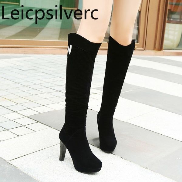 

женские сапоги осень и зима новый раунд голова молния металл украшение высокий каблук высокие трубки женская обувь плюс размер 32-43, Black