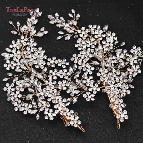 

youlapan hp253-g 2pc golden wedding rhinestone headband bridal tiaras clip elegant flower bridal headpieces wedding tiara, Golden;silver