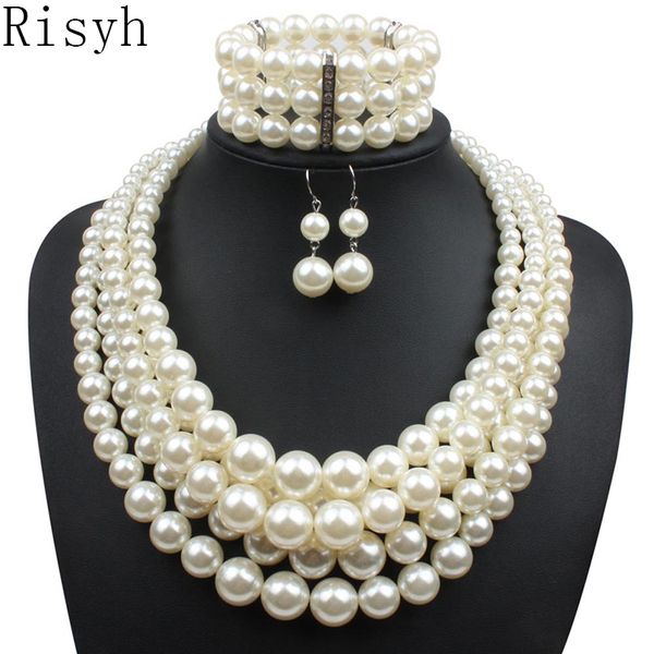 

risyh fashion exaggerated pearl beaded three-piece suit multilayer pearl ladies necklace, Golden;silver