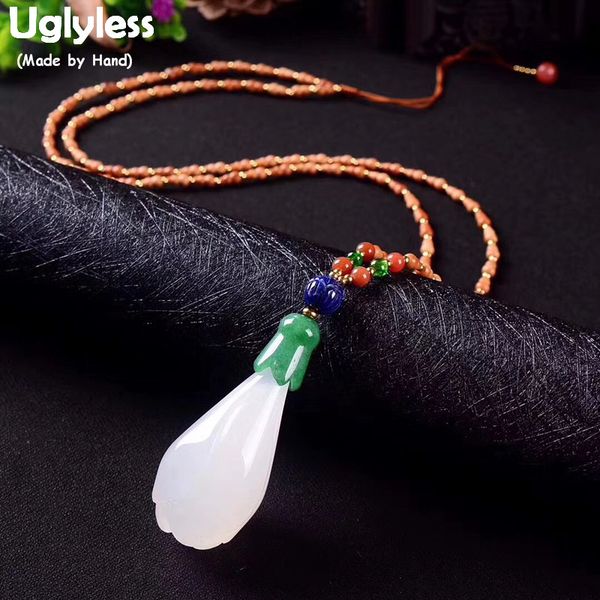 

uglyless ethnic gemstones beading necklaces for women long chains sweater necklaces natural jade magnolia pendants jewelry c121, Silver