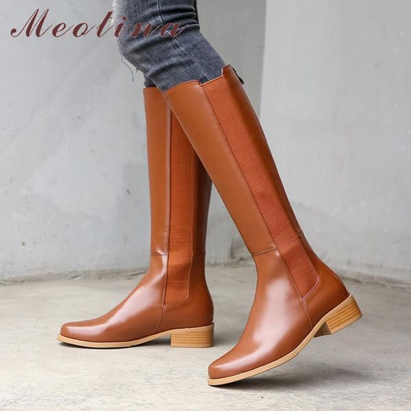 

meotina winter riding boots women natural genuine leather thick heel knee high boots zipper round toe shoes ladies autumn 34-39, Black