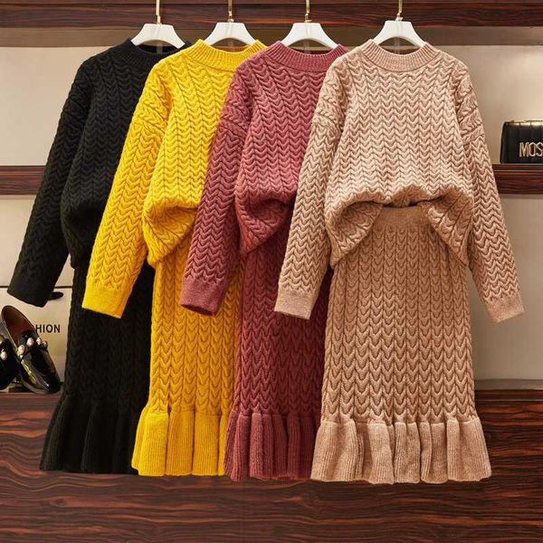 

oversized sweater two-piece suit 2020 new suit autumn and winter casual beaded stretch and fishtail bust skirt sweater, Gray