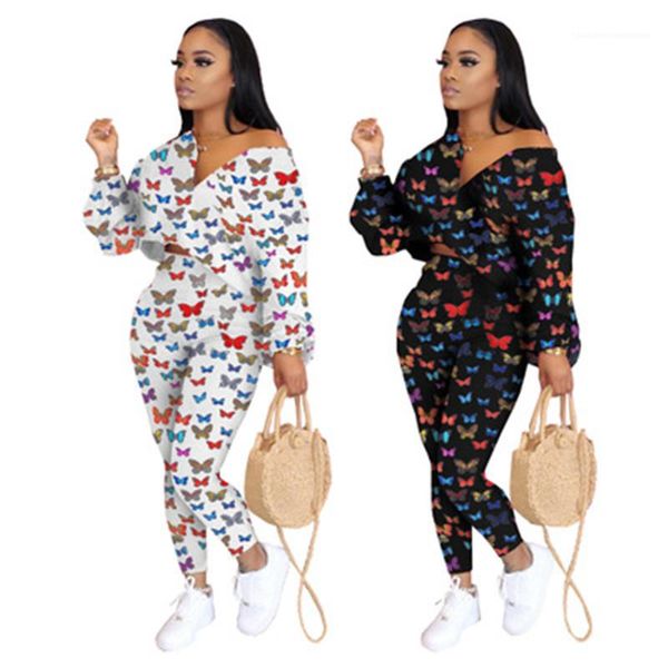 

v neck long sleeve suits designer female casual short two piece pants sets clothing ladies butterfly pattern sets fashion trend, White