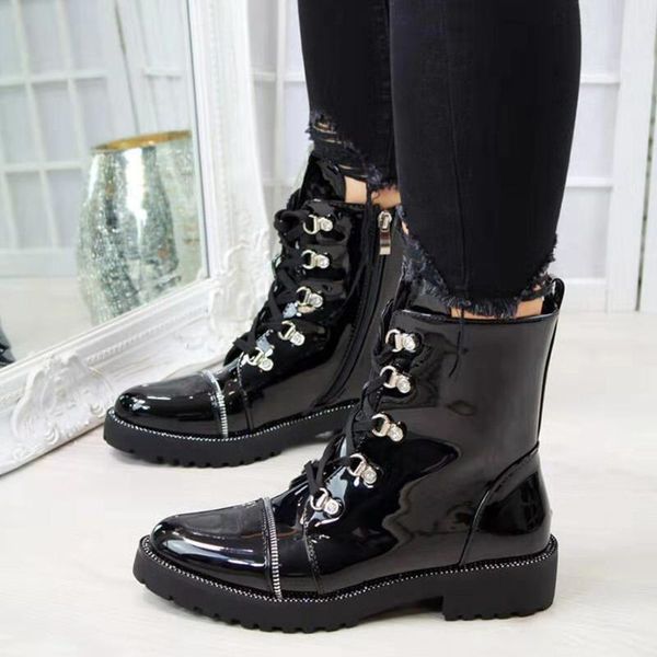 

boots 2021 autumn outdoor leather warm women comfy short army ankle lace up, Black