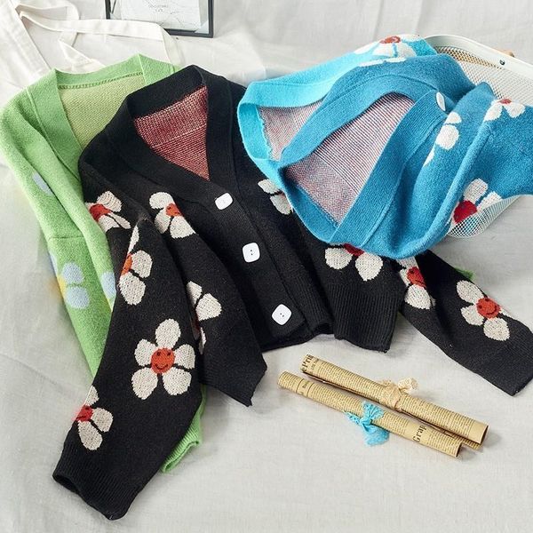 

knit sweaters autumn 2020 v neck knit cardigans women streetwear casual long sleeve floral girls sweater elegant knitted jumpers, White;black