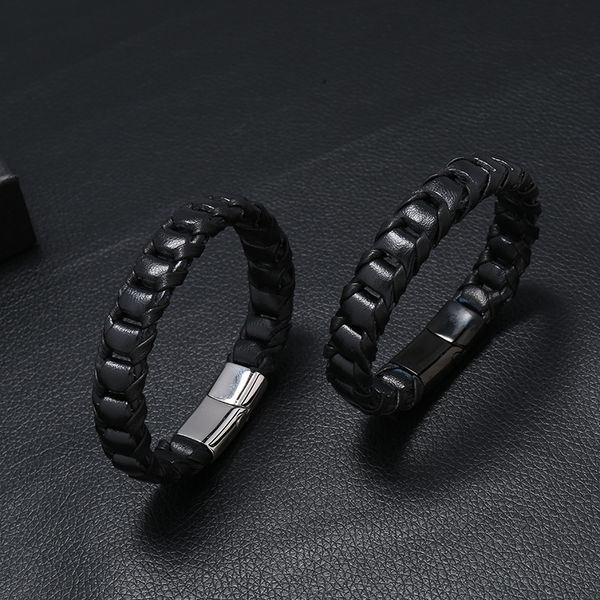 

charm bracelets mens black leather bracelet bangles for men magnetic-clasp cowhide braided wrap man pulseras para hombre, Golden;silver