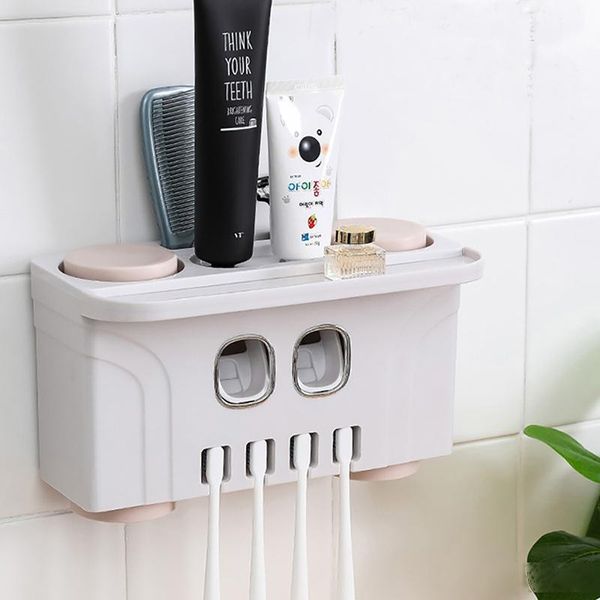 

wall mount toothbrush holder automatic toothpaste squeezer dispenser bathroom set accessories storage rack suction 4 cup t200506