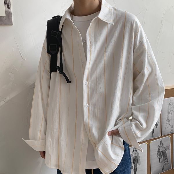 

2020 spring vertical stripe washed cotton loose long sleeve men's shirt korean style trendy ins youth base shirt golnj, Blue