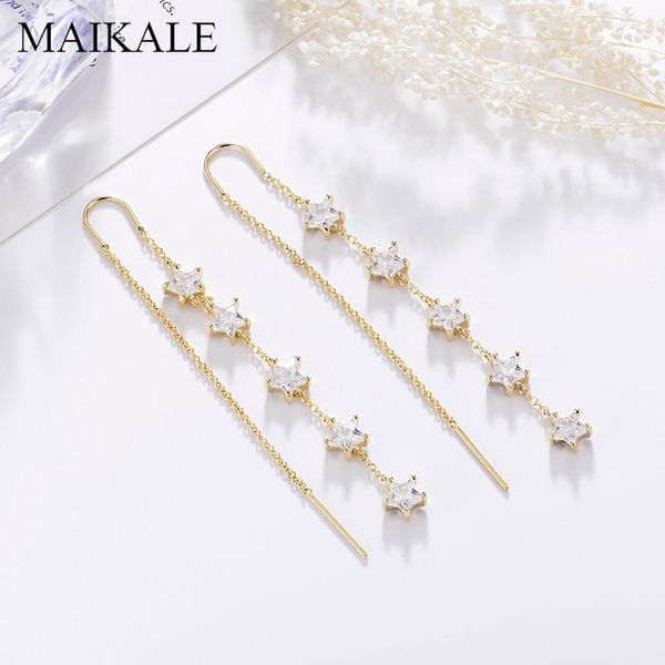 

maikale new fashion pentagram star zirconia long earrings for women gold silver color tassel chain earrings korean jewelry gifts, Golden;silver