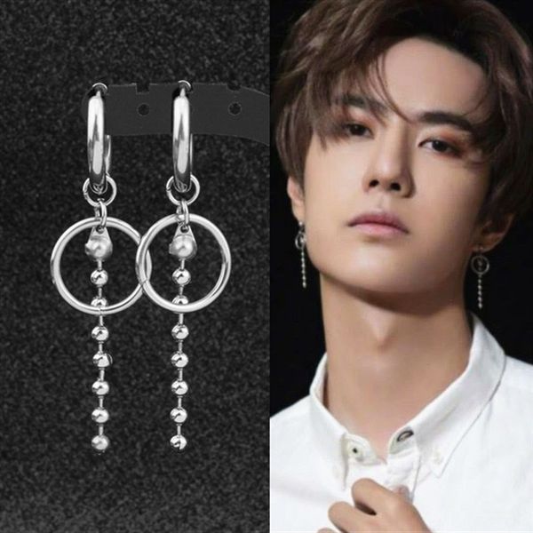 

1 pair korea kpop circle stainless steel beads chain stud earrings bangtan boys v dna accessories for mens womens, Golden;silver
