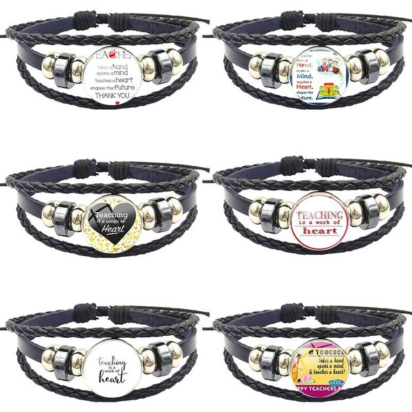 

charm bracelets 2021 teaching is a work of heart for women party fashion ladies black leather bracelet bangle jewelry glass cabochon, Golden;silver
