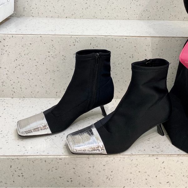 

square toe fashion women pumps boots slip on thin high heels mixed color fashion sock boots stretch botas women autumn booties, Black