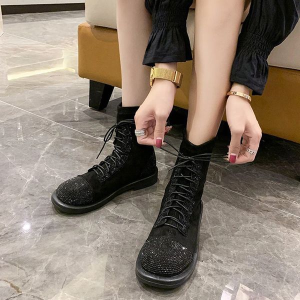 

shiny crystal elastic ankle boots for women fashion cross strap square heel knee high boots woman low heel slip on shoes, Black