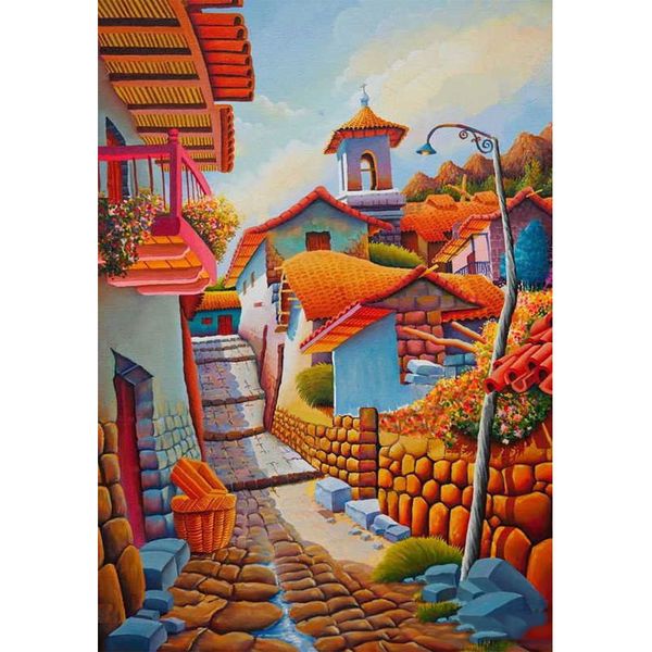 

custom size diy oil paint by numbers for kids- colorful village canvas oil painting