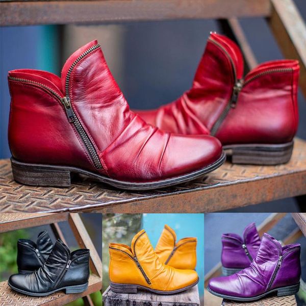 

women's boots 2020 winter fashion casual leather retro solid colors short ankle flat soft boots zipper shoes zapatos mujer #40, Black