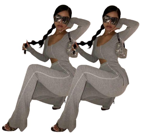 

women two piece jogging suits fashion gray long sleeve square neck two piece outfits women designer clothes 2020