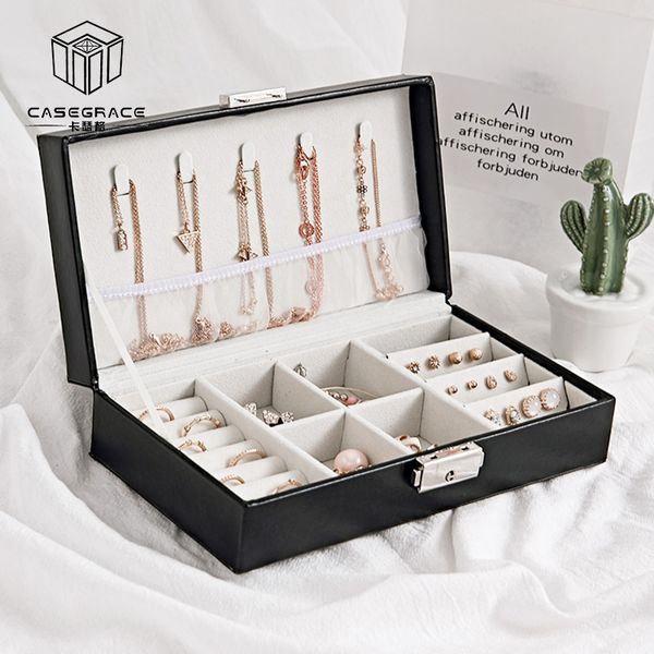 

casegrace jewelry organizer for women pu leather jewelry display box packaging with lock for earrings bracelets necklaces rings, Pink;blue