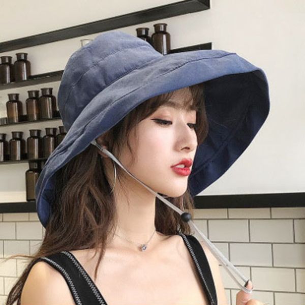 

retro wide brim cotton linen beach sun hat for women vacation summer panama foldable bucket hat fisherman, Blue;gray