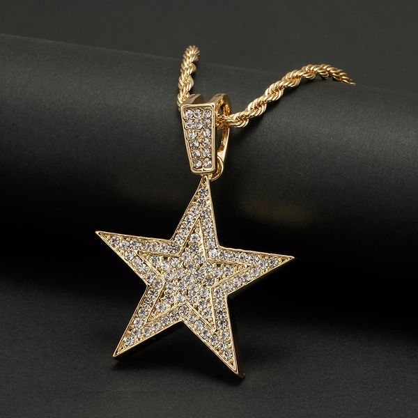

men hip hop iced out bling five-pointed star pendant necklaces pave setting zircon fashion charm gold color necklace, Silver