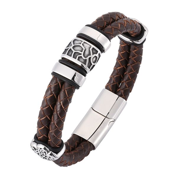 

Newest Punk Brown Double Braided Leather Rope Bracelet Men Jewelry Steel Casual Leather Wristband Bracelet C0379, Golden;silver