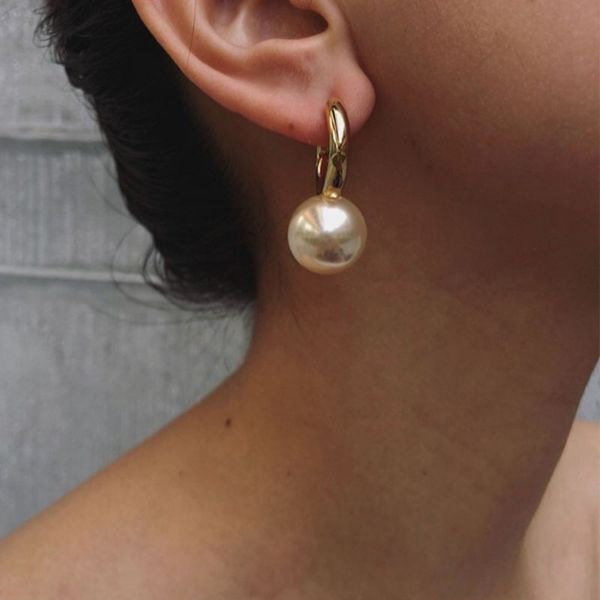 

french simple big imitation pearl stud earrings for women 2020 chunky copper circle chic lady office korean earrings femme gift, Golden;silver
