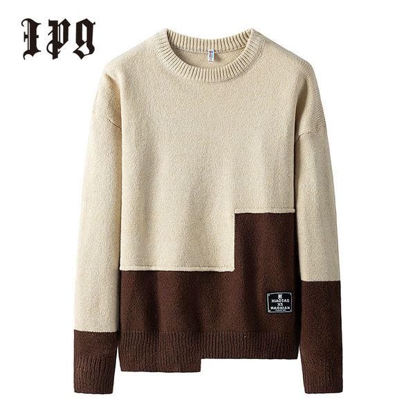 

ipg new fashion men knitted pullover sweaters japanese-style casual mens clothing stitching color knitwear sweater brand man top, White;black