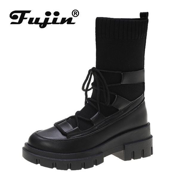 

boots fujin quality women ankle stretch fabric platform shoes booties springy sock lace up spring autumn thick sole, Black