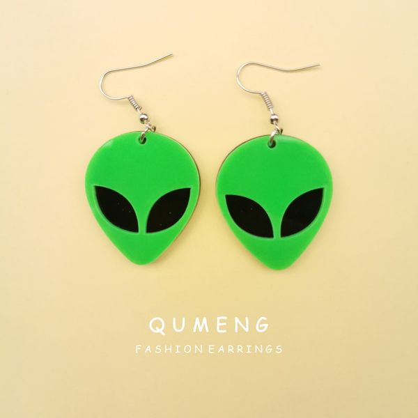 

stud qumeng 2021 earrings for women acrylic fashion charm exaggerated hip hop girls gift cute alien punk green accessories, Golden;silver