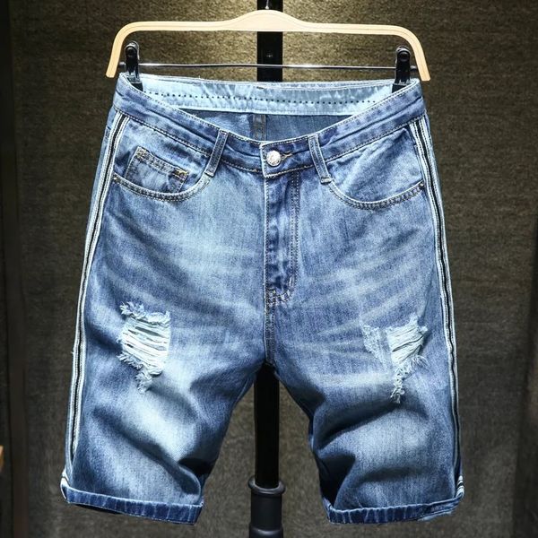 

men's jeans 2021 summer fashion casual slim fit ripped retro short male, Blue