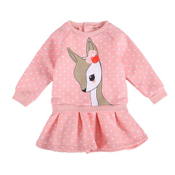 

toddler kid children boys girls autumn outfit fake 2pcs polka dot o-neck long-sleeves pullover dress with cartoon deer printing, White