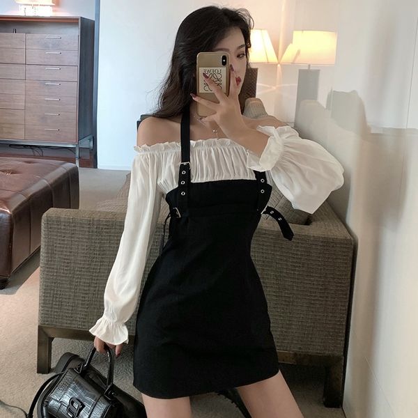

large size women's clothing 2020 new spring wear fake two-piece dress fat mm slimming western style age-reducing dress rfdww, Black;gray