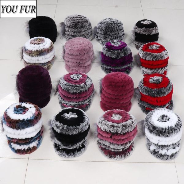 

beanie/skull caps 2021 women striped floral real natural rex fur hats 100% genuine cap lady winter warm, Blue;gray