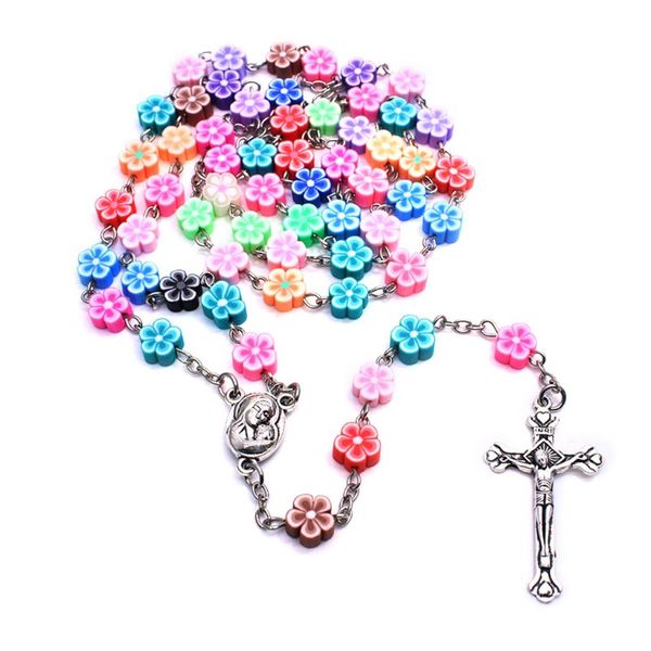 

catholic rosary necklace rose flower polymer clay beads religion women chain jewelry charm gifts, Silver