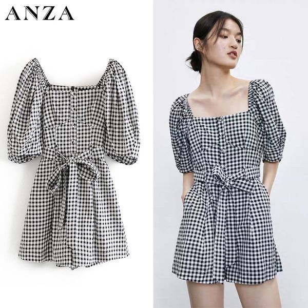 

women playsuit 2020 new fashion with slash neck puff sleeve plaid print casual playsuit, Black;white