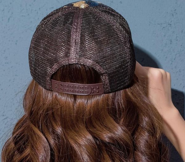 

summer messy bun mesh hats women leaf glitter baseball cap spring snapback hat ladies casual adjustable sequins 8, Blue;gray