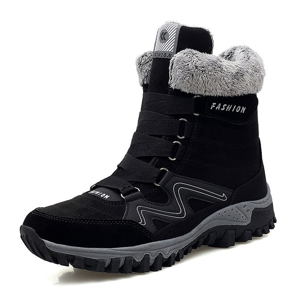 

leather men boots winter with fur super warm snow boots men winter work casual shoes sneakers high rubber ankle female, Black