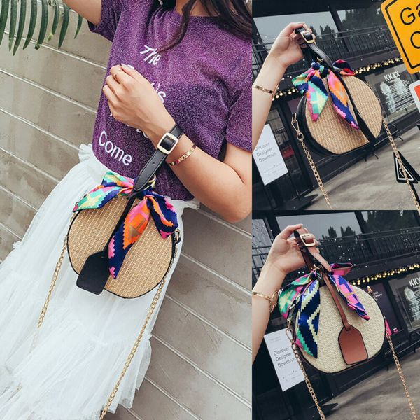 

women round circular rattan wicker straw woven cross body beach bag basket gift