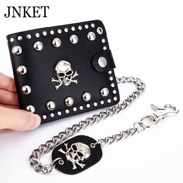 

jnket punk men's rivet chain skull wallet pu leather purse billfold money clip folding clutch wallet detachable metal chain, Red;black